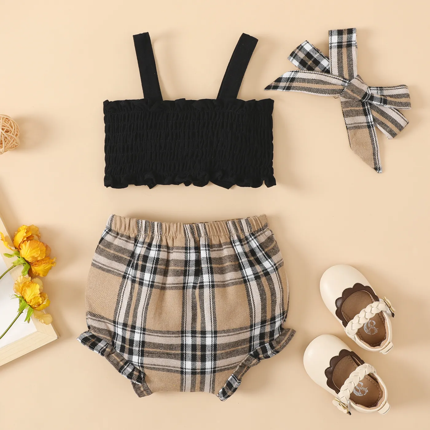 3pcs Baby Girl 100% Cotton Bow Front Cami Top and Plaid Shorts and Bow Headband Set Black image 2