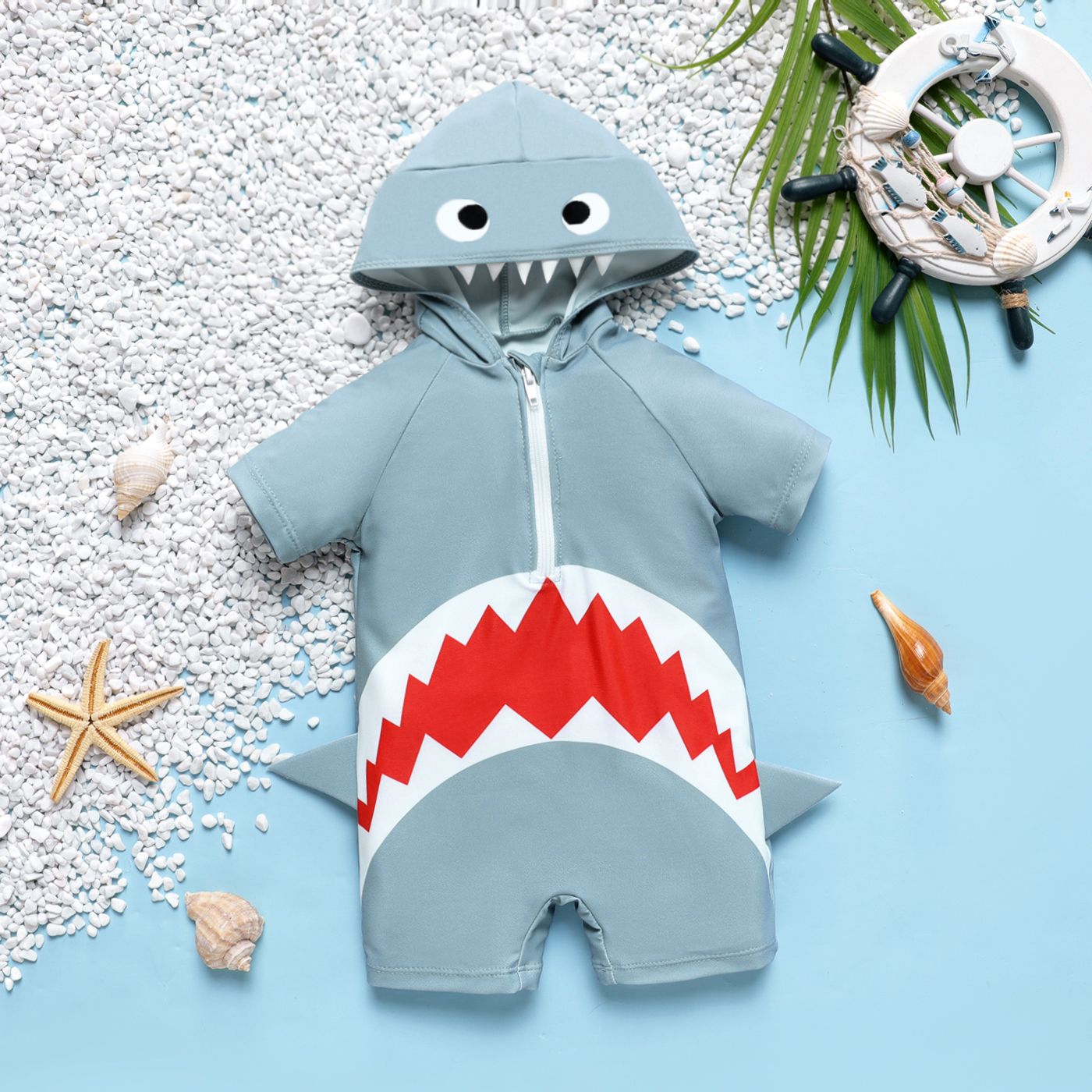 

Baby Boy Shark Print Zipper Design Hooded Short-sleeve One-piece Swimsuit