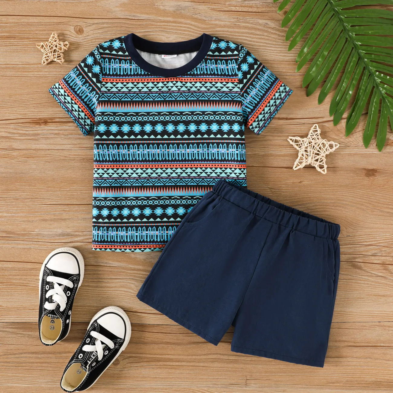 2pcs Toddler Boy Ethnic Print Short-sleeve Tee and Solid Shorts Set big image 1