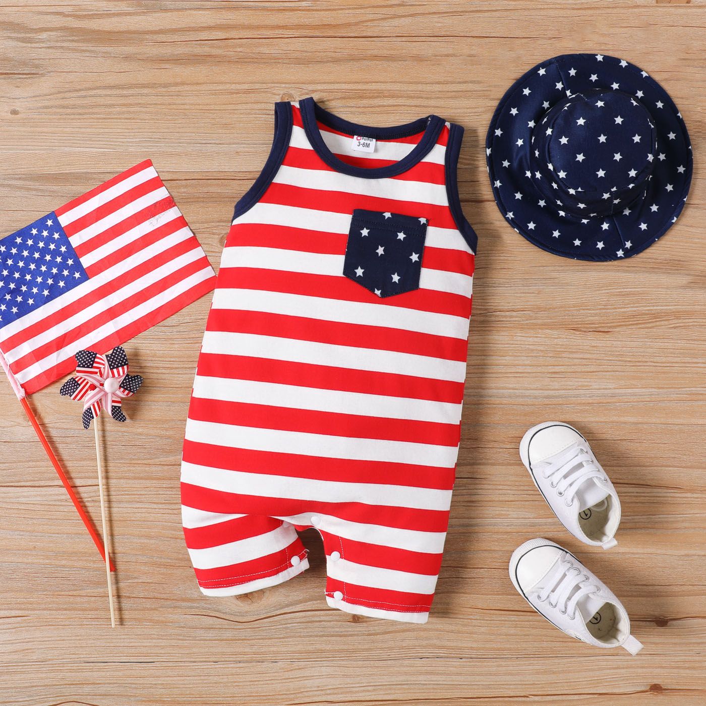 

Independence Day 2pcs Baby Girl/Boy Stripe Tank Jumpsuit and Hat Set