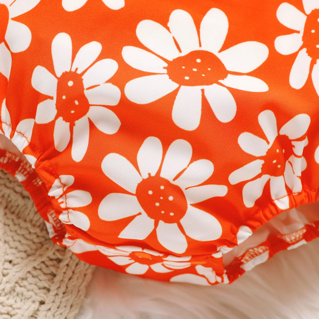 2pcs Baby Girl Allover Big Floral Print Ruffle Romper and Headband Set Orange big image 1