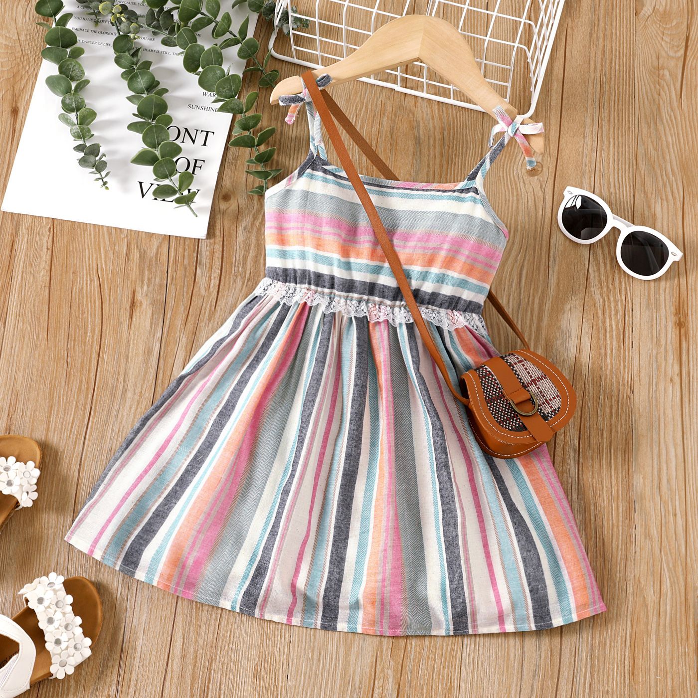 Toddler Girl Lace Trim Colorful Stripe Slip Dress