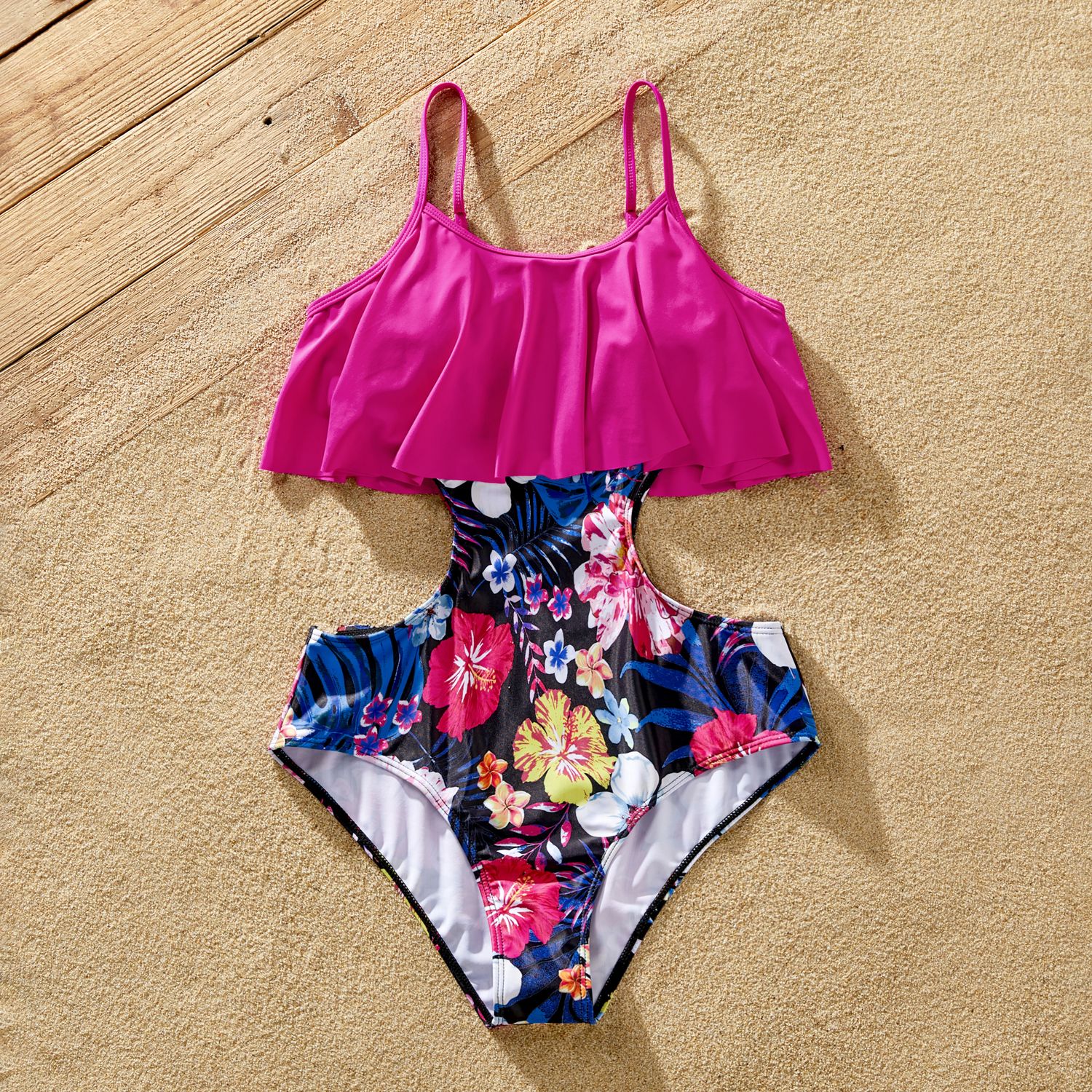 Famille Matching Floral Print Ruffled Maillot De Bain Une Pièce Ou Plant Print Maillots De Bain Shorts