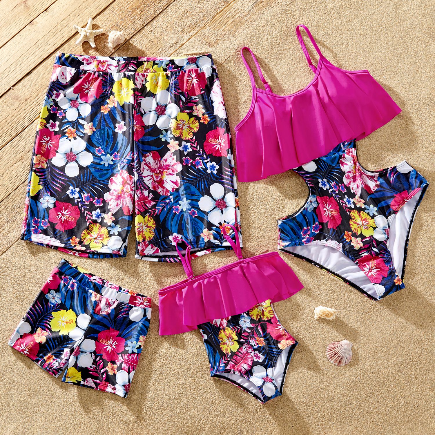 Family Matching Floral Print Ruffled One-piece Swimsuit Or Plant Print Swim Trunks Shorts