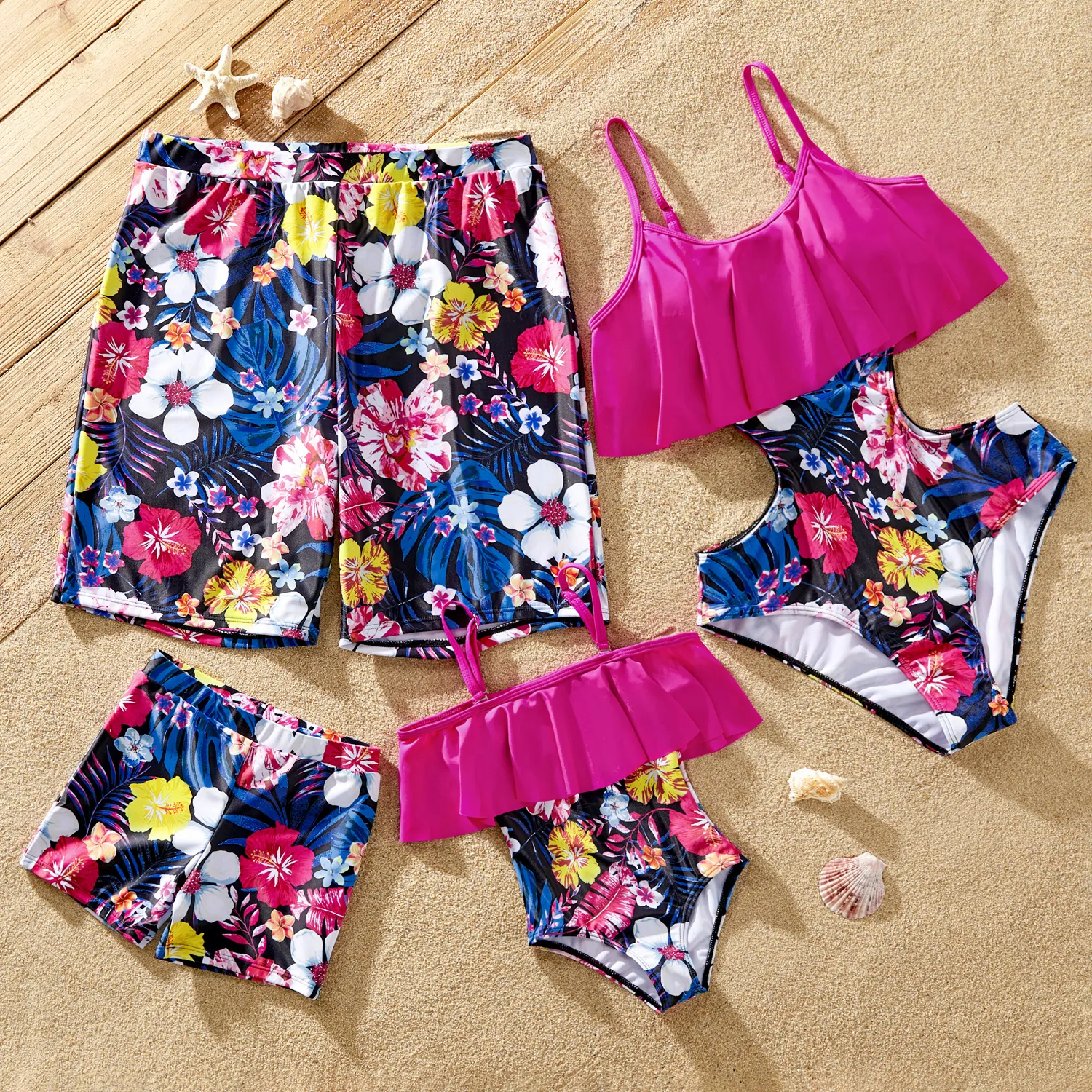 Family Matching Floral Print Ruffled One-piece Swimsuit or Plant Print Swim Trunks Shorts