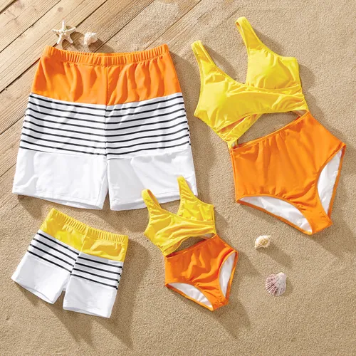 Family Matching Colorblock Spliced Cut Out One-piece Swimsuit or Striped Swim Trunks Shorts
