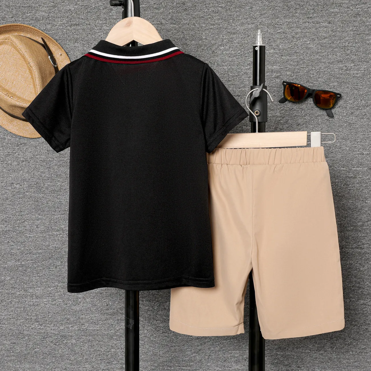 Kid Boy Solid Short-sleeve Pique Polo Tee / Basic Solid Color Elasticized Shorts Black big image 1