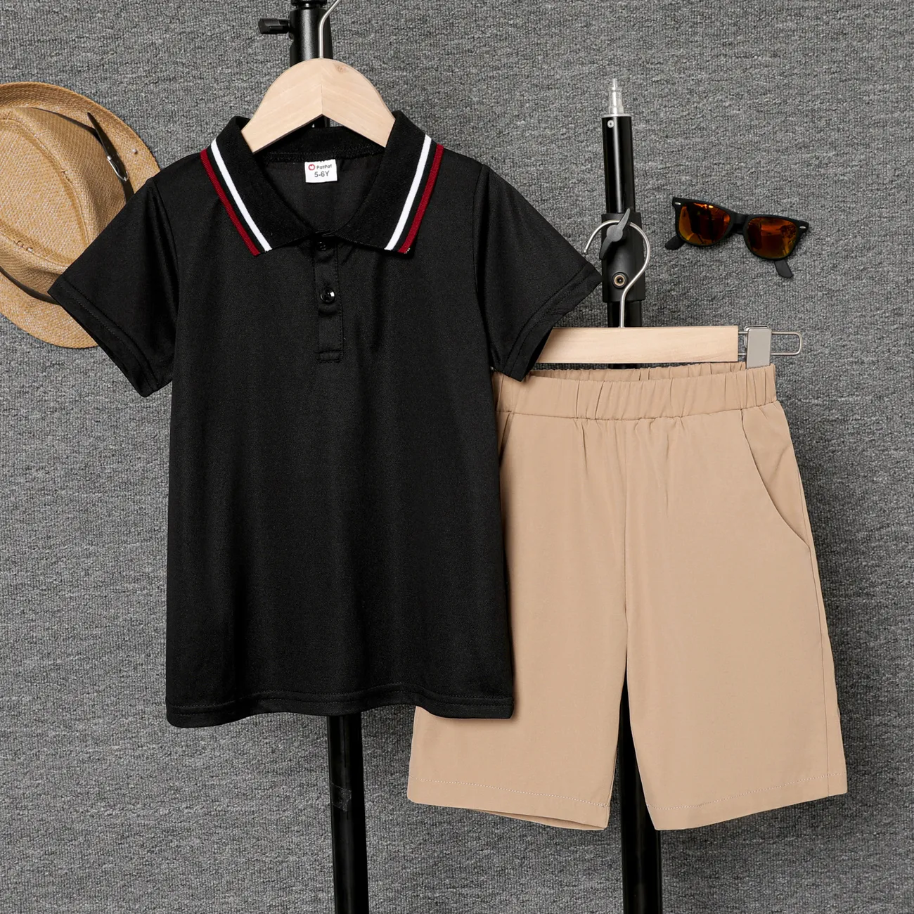 Kid Boy Solid Short-sleeve Pique Polo Tee / Basic Solid Color Elasticized Shorts Black big image 1