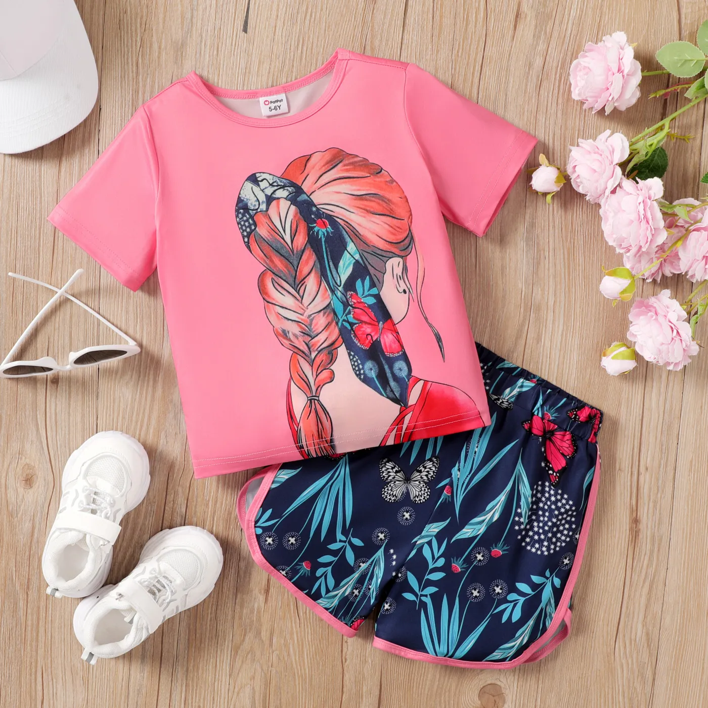 2pcs Kid Girl Figure Print Short-sleeve Tee and Allover Plant Print Shorts Set