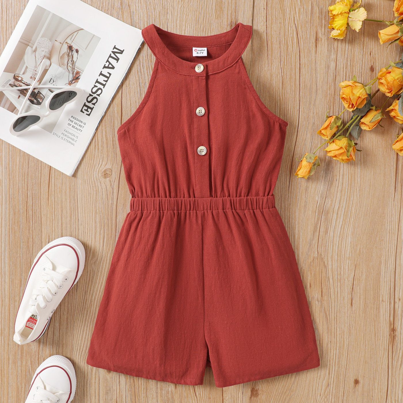 Kid Girl 100% Cotton Front Buttons Solid Halter Romper