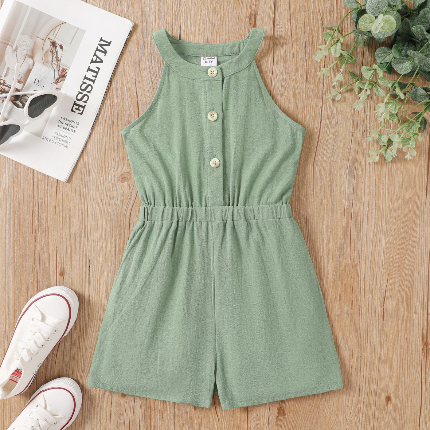 Kid Girl 100% Cotton Front Buttons Solid Halter Romper