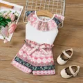 2pcs Baby Girl Ethnic Style Floral Print Sleeveless Top and Bow Decor Shorts Set  image 1