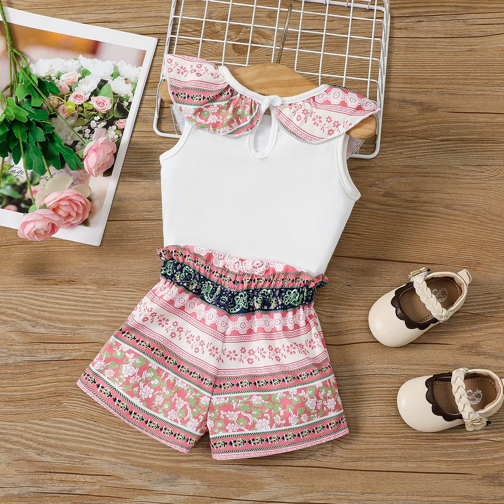2pcs Baby Girl Ethnic Style Floral Print Sleeveless Top and Bow Decor Shorts Set  big image 2