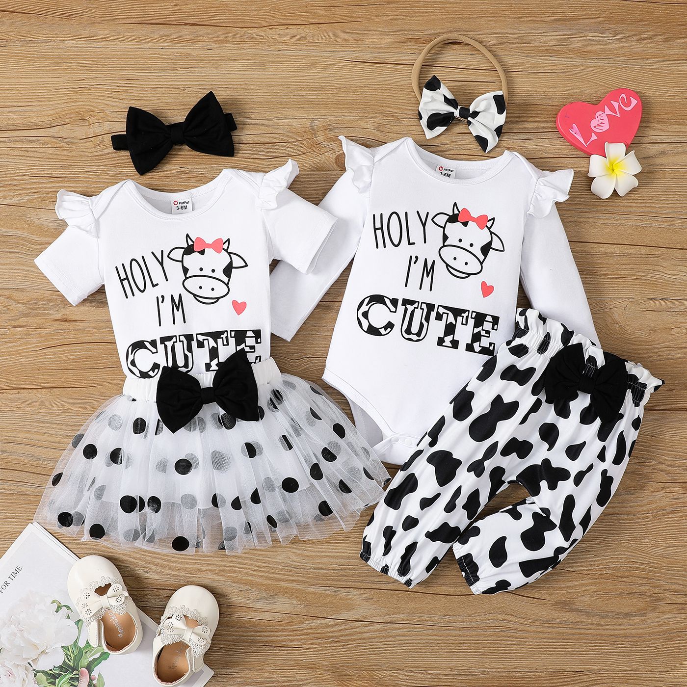 

3pcs Baby Girl Cow Print Ruffle Trim Romper & Trousers/Polka Dots Mesh Skirt & Headband Set