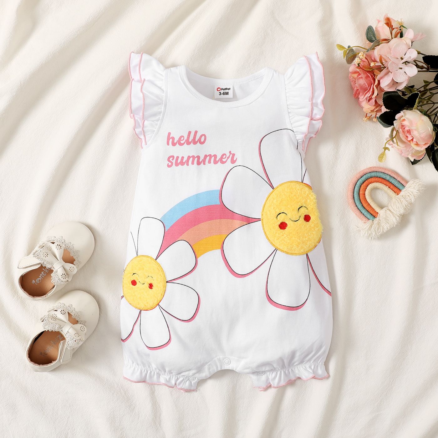 Baby Girl 100% Coton Arc-en-ciel Imprimé Floral Flutter-sleeve Romper