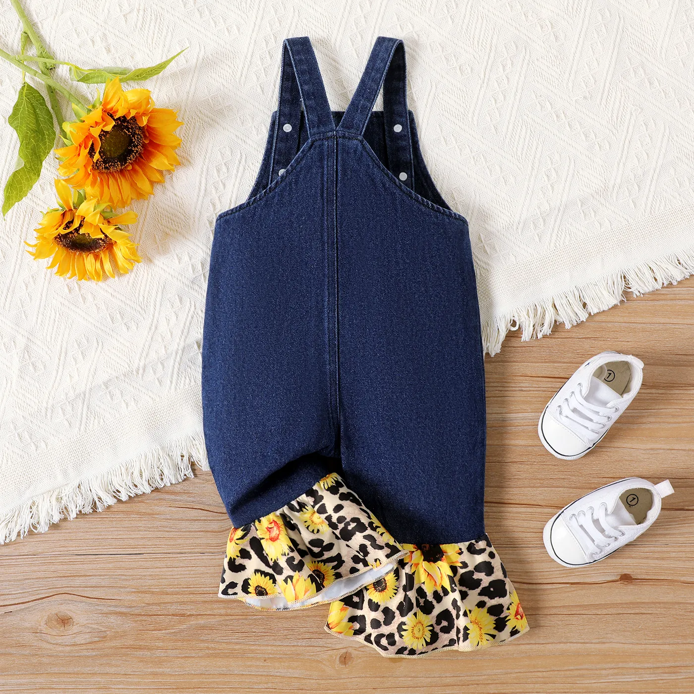 Baby Girl 100% Cotton Sunflower Print Ruffle Hem Ripped Denim Overalls Blue image 3