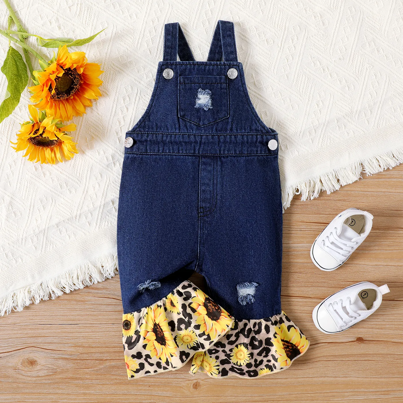 Baby Girl 100% Cotton Sunflower Print Ruffle Hem Ripped Denim Overalls