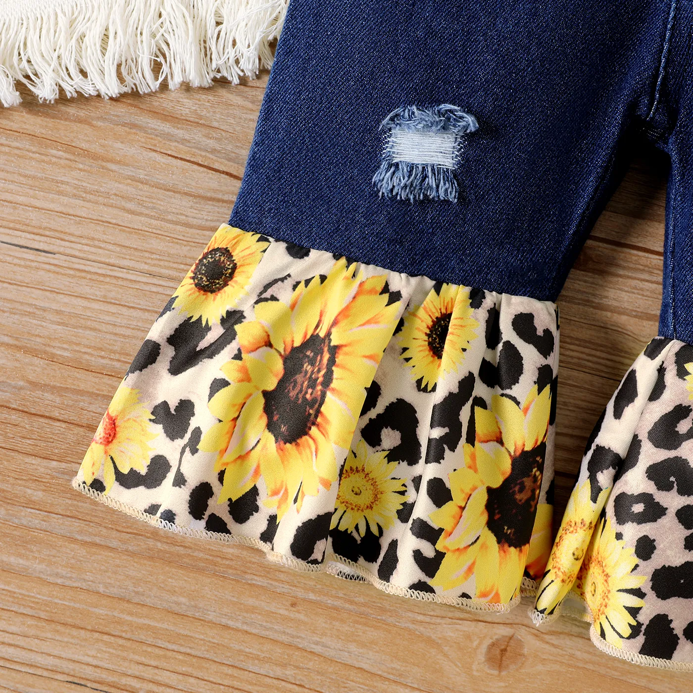 Baby Girl 100% Cotton Sunflower Print Ruffle Hem Ripped Denim Overalls Blue image 4