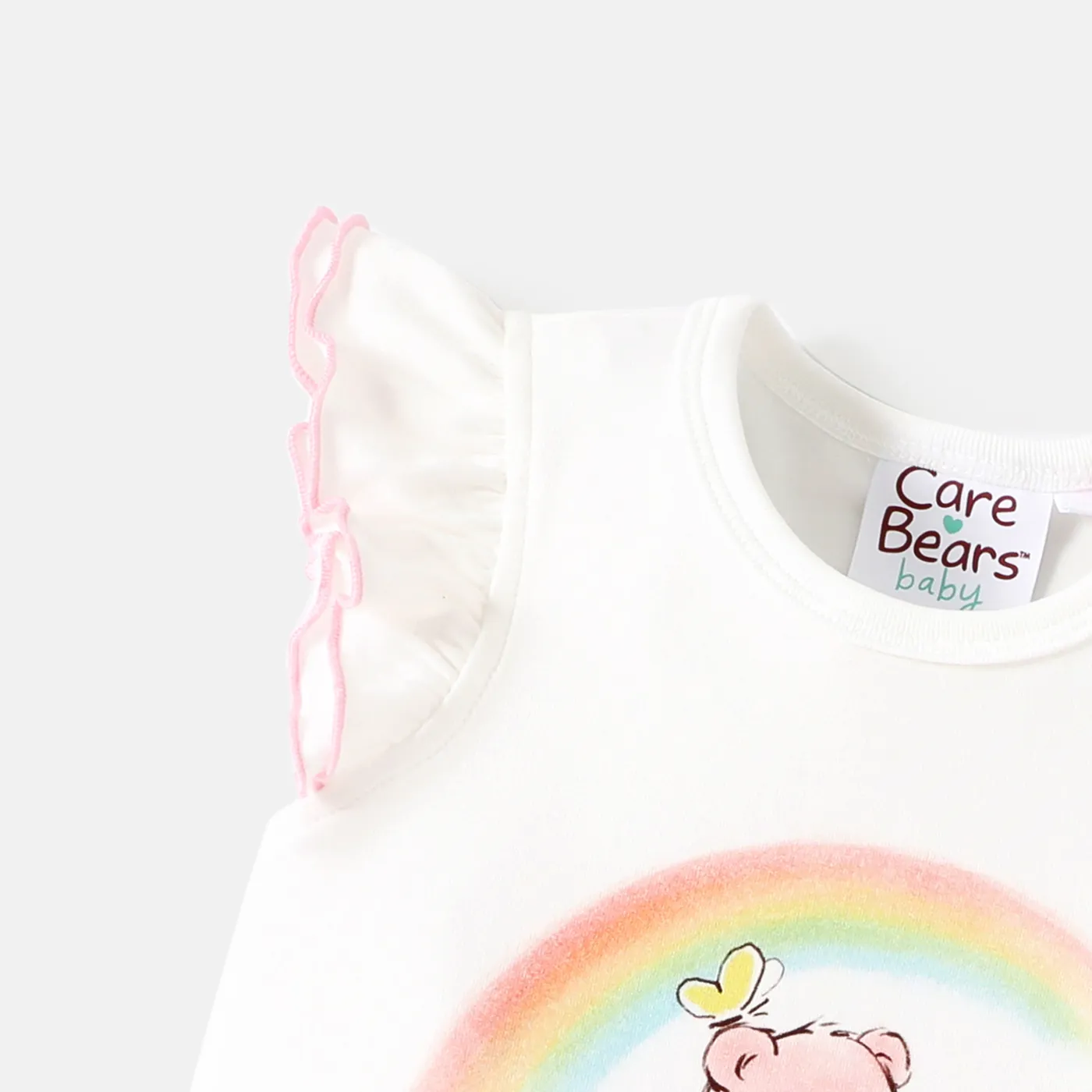 Care Bears Baby Girl Cotton Flutter-sleeve Graphic Romper and Polka Dots Suspender Skirt Set White image 6