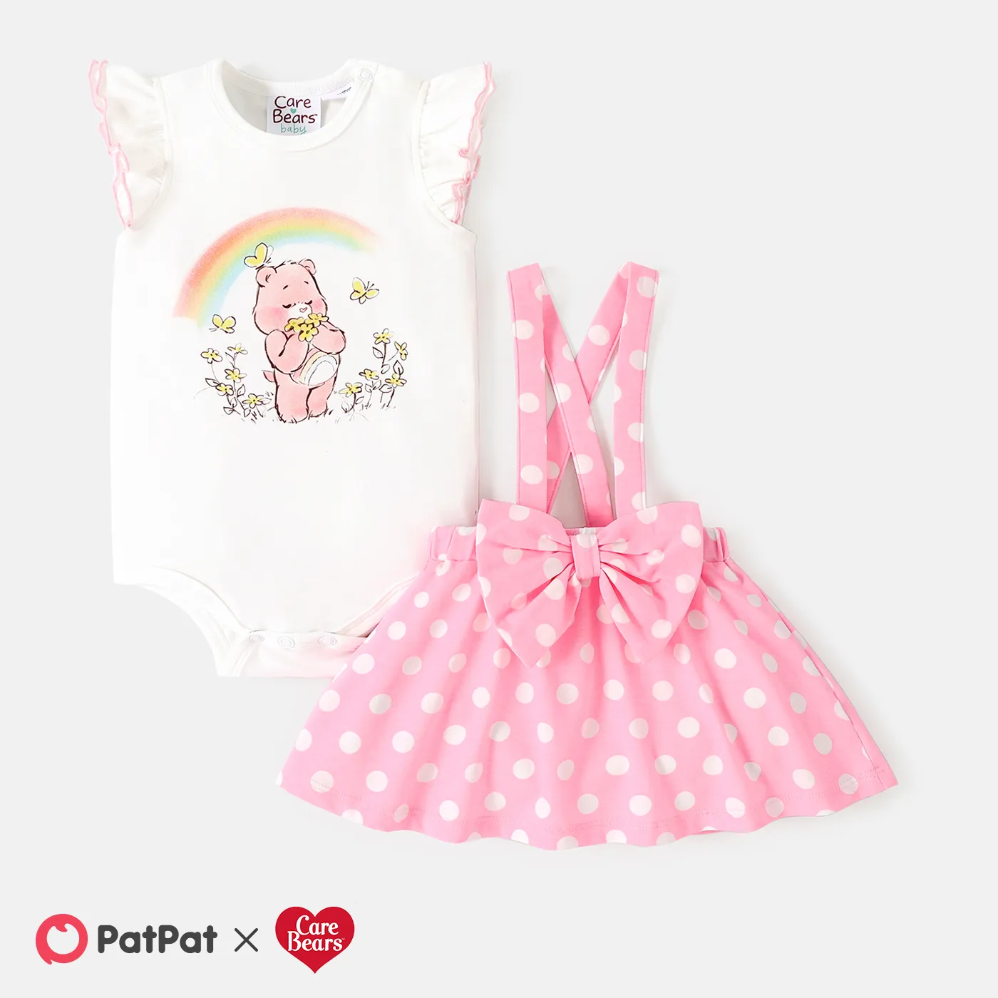 Care Bears Baby Girl Cotton Flutter-sleeve Graphic Romper and Polka Dots Suspender Skirt Set White big image 1