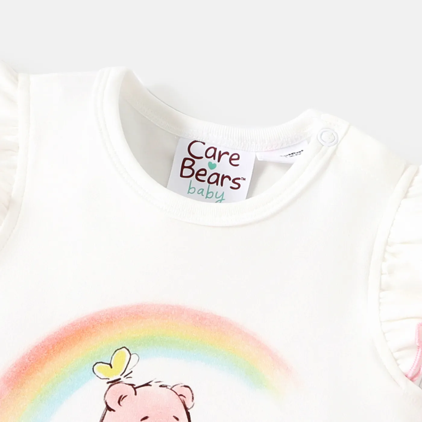 Care Bears Baby Girl Cotton Flutter-sleeve Graphic Romper and Polka Dots Suspender Skirt Set White image 3
