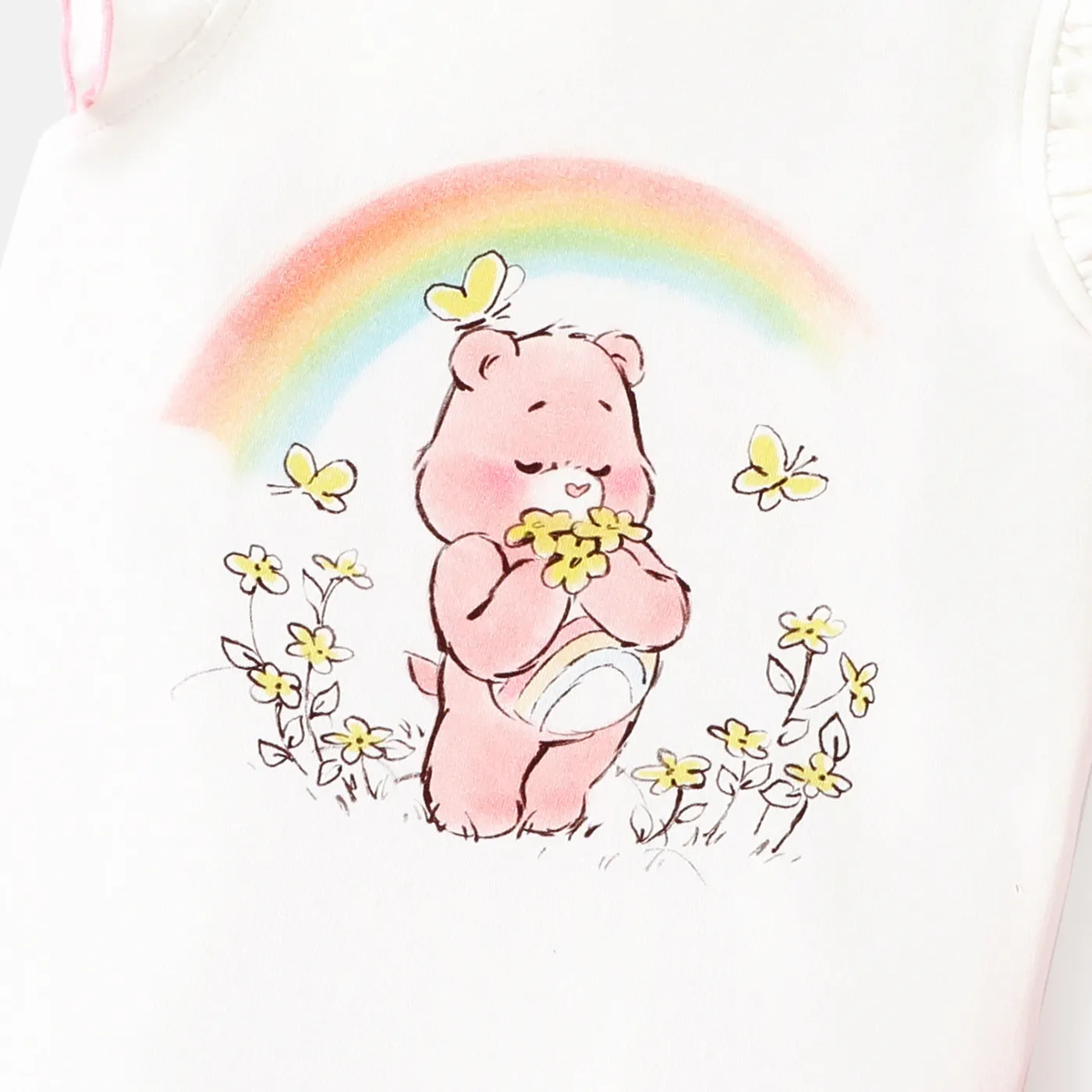Care Bears Baby Girl Cotton Flutter-sleeve Graphic Romper and Polka Dots Suspender Skirt Set White image 2