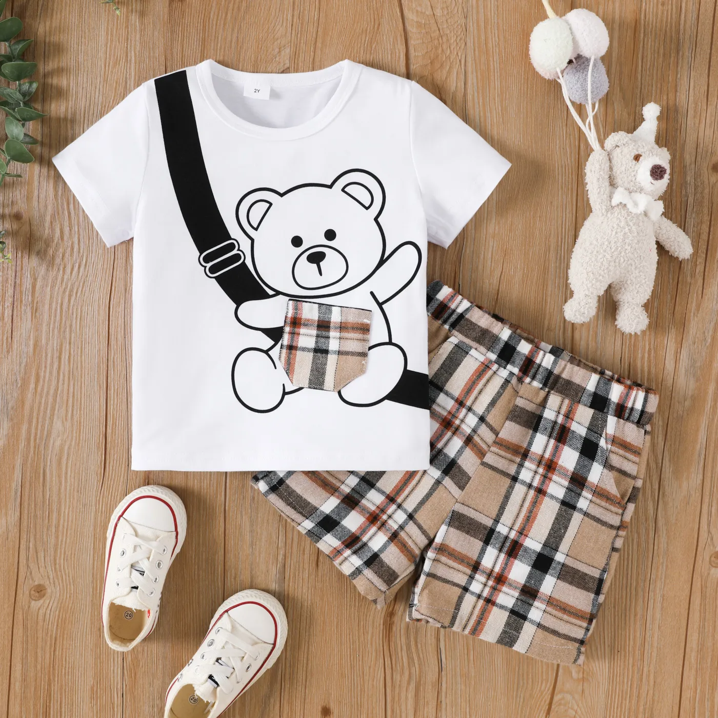 2pcs Toddler Girl Cute Bear Print Short-sleeve Top and Plaid Shorts Set White big image 1