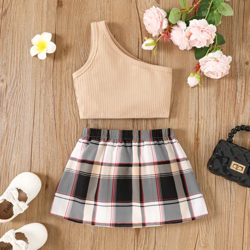 2pcs Toddler Girl One-Shoulder Solid Ribbed Tank Top and Plaid Skirt Set