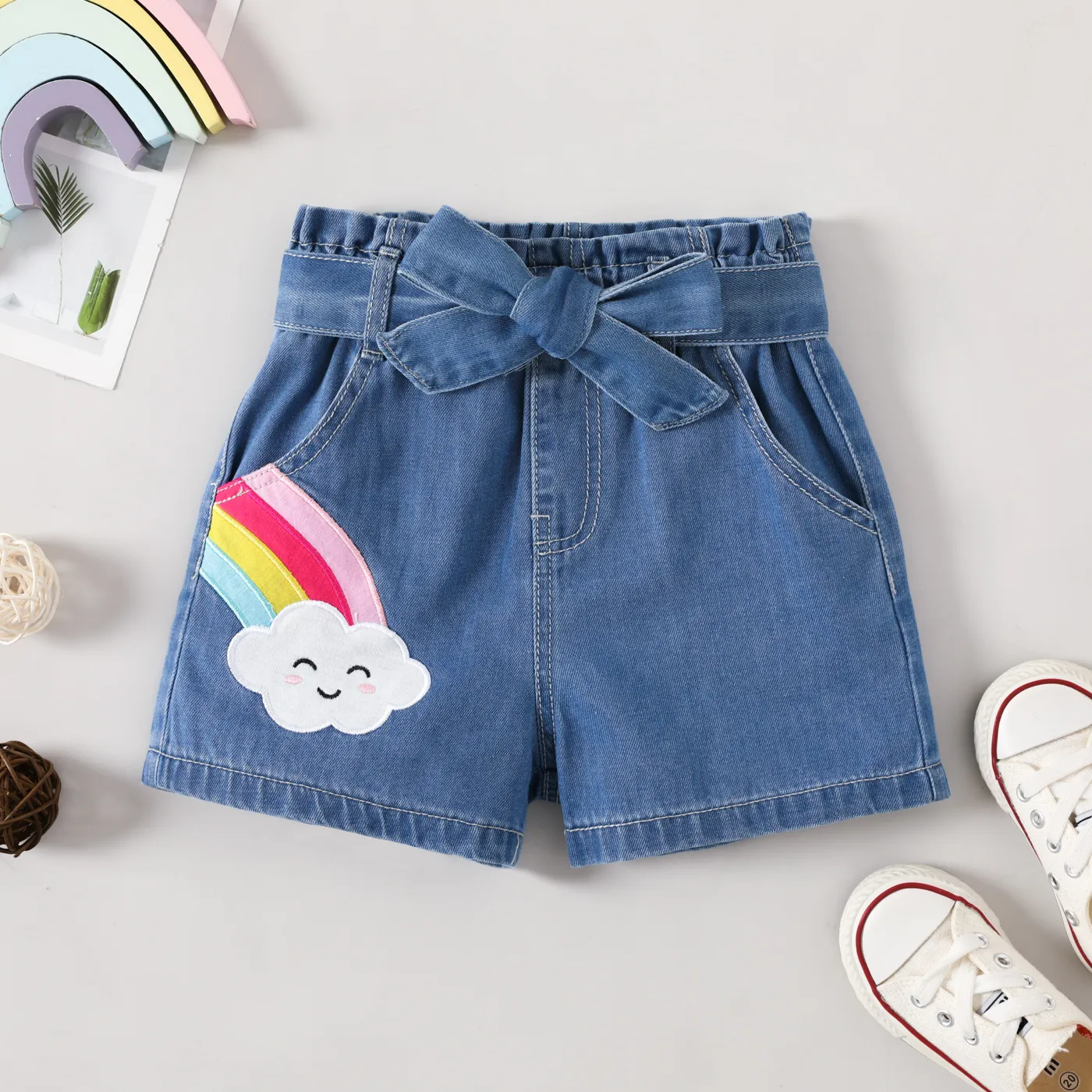 Baby Girl 95%% Cotton Rainbow Graphic Belted Denim Shorts Light Blue big image 1