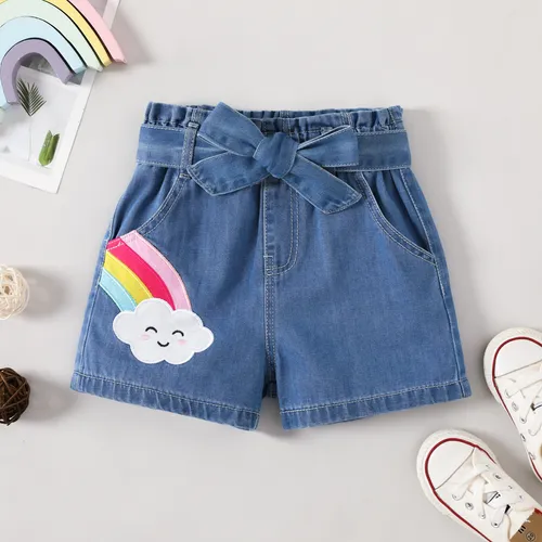 Baby Girl 95%% Cotton Rainbow Graphic Belted Denim Shorts