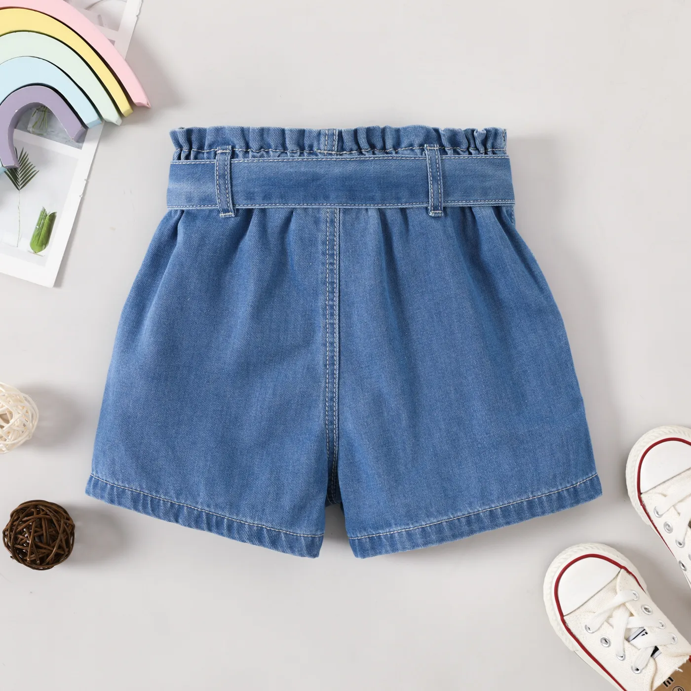 Baby Girl 95%% Cotton Rainbow Graphic Belted Denim Shorts Light Blue image 2
