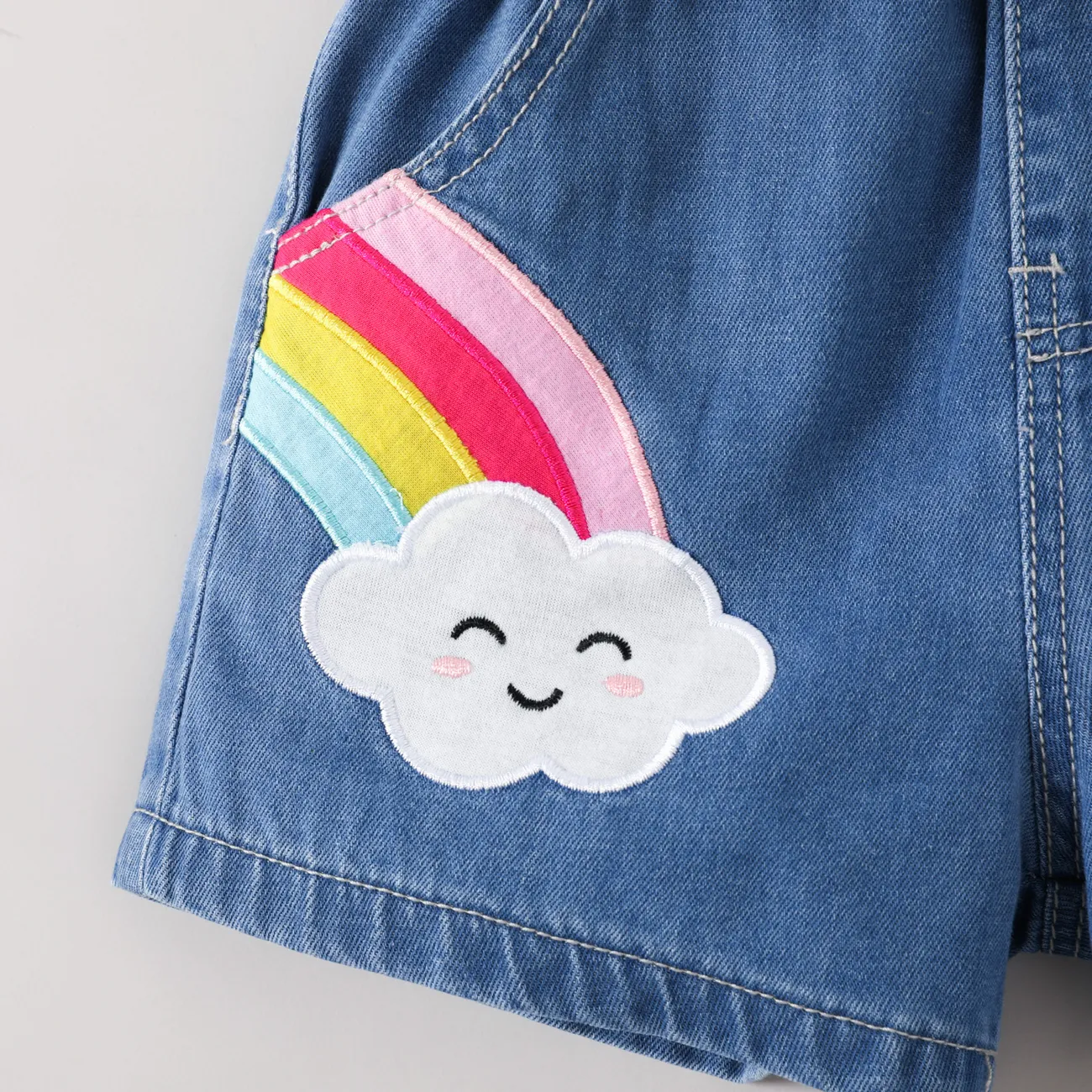 Baby Girl 95%% Cotton Rainbow Graphic Belted Denim Shorts Light Blue big image 1