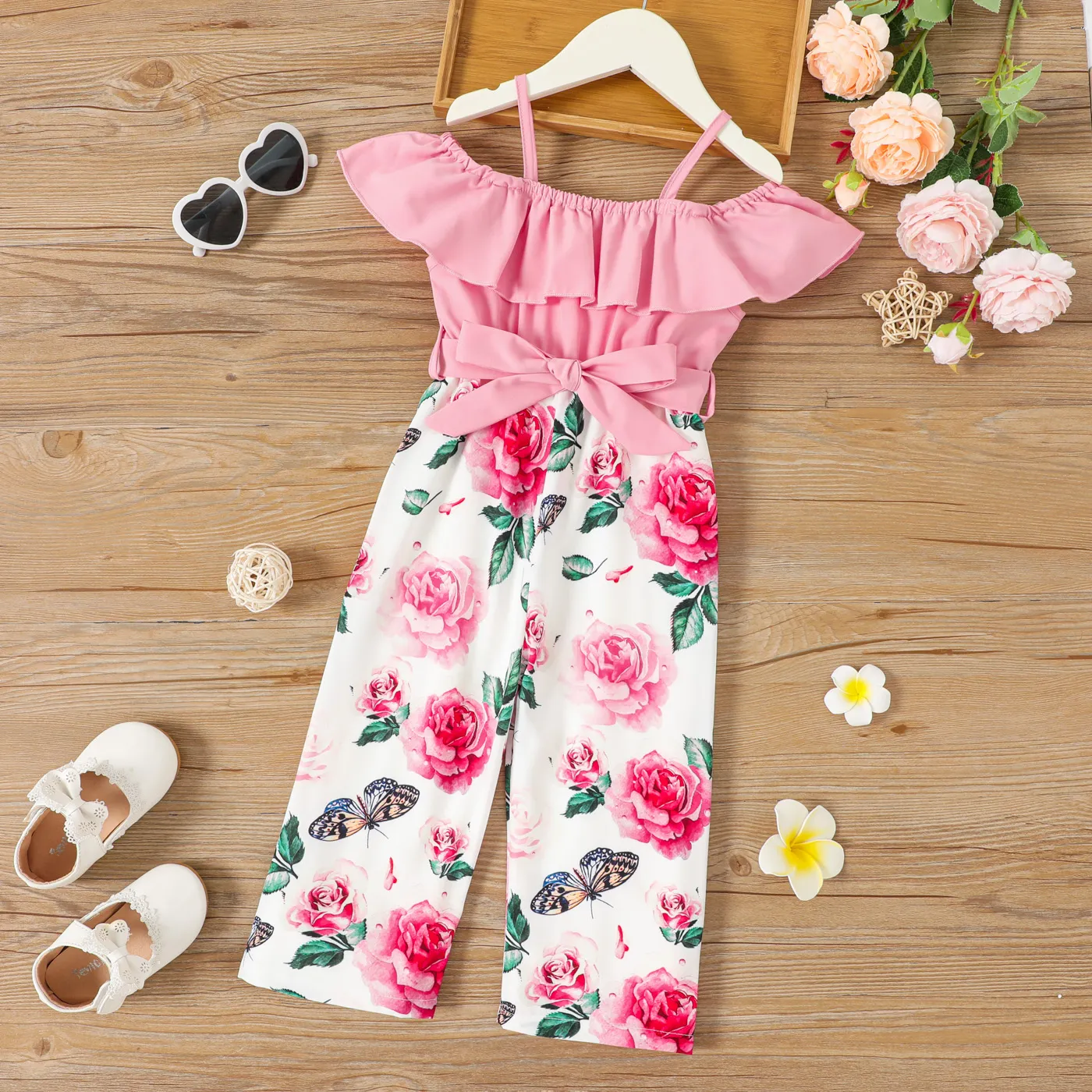 

Toddler Girl Floral Print Belted Ruffled Cami Jumpsuit