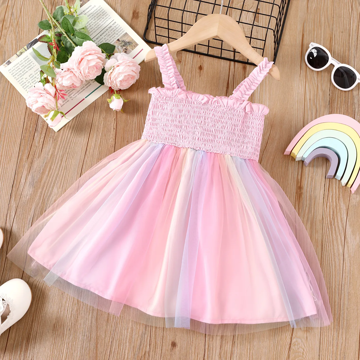 Toddler Girl multicolored Print Smocked Mesh Strappy Fairy Dress  big image 1