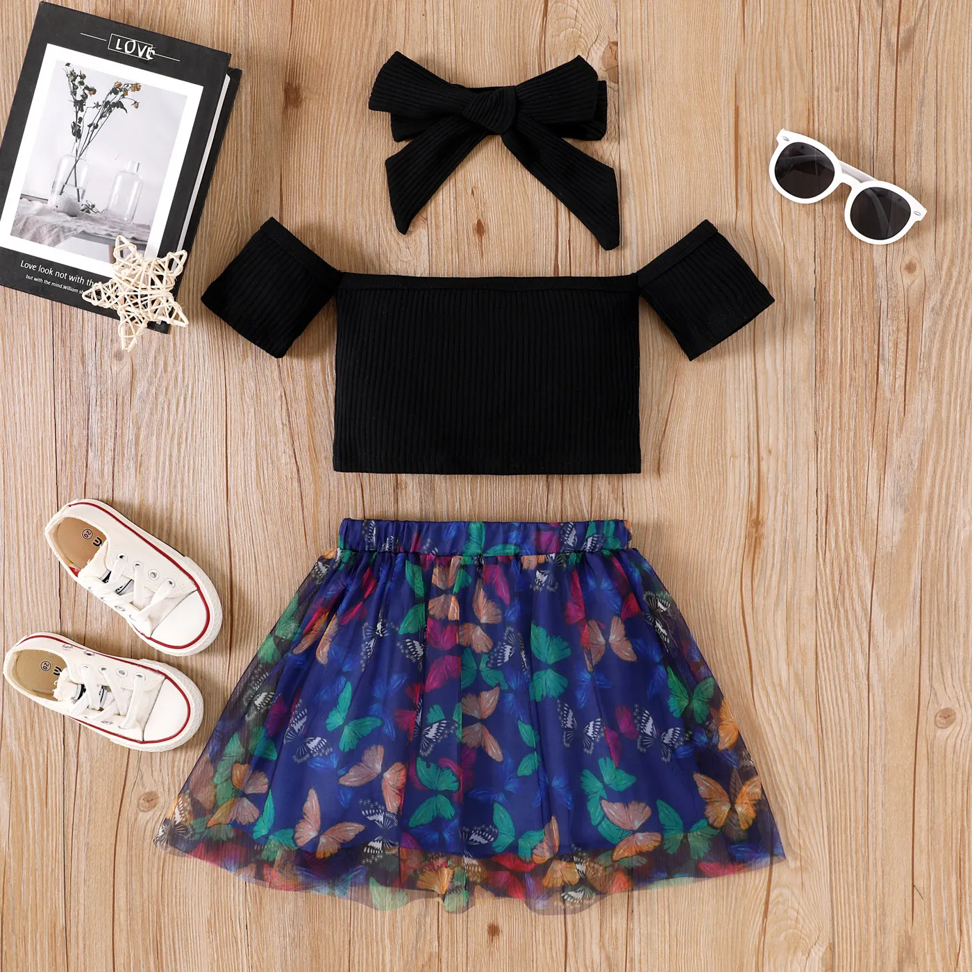 3pcs Toddler Girl Bow Headband & Cold Shoulder Ribbed Top and Butterfly Pattern Mesh Skirt Set Black big image 1