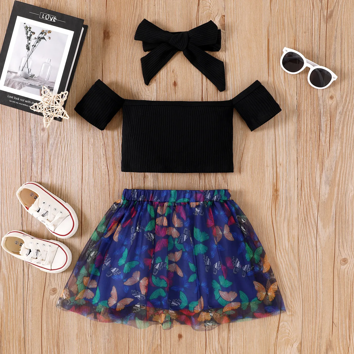 3pcs Toddler Girl Bow Headband & Cold Shoulder Ribbed Top and Butterfly Pattern Mesh Skirt Set Black image 2
