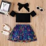 3pcs Toddler Girl Bow Headband & Cold Shoulder Ribbed Top and Butterfly Pattern Mesh Skirt Set  image 2