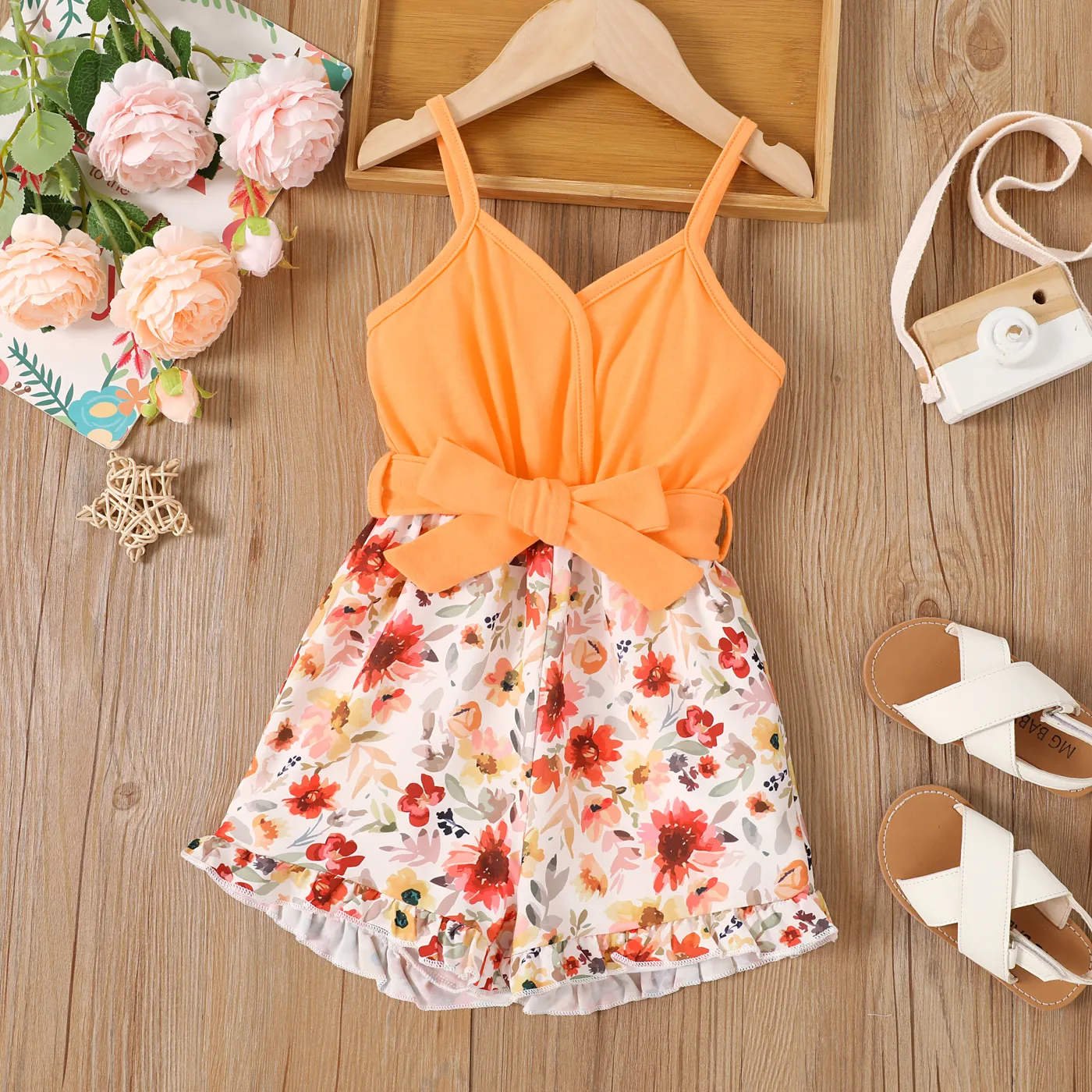 Toddler Girl Floral Panel Belted Slip Romper Color block big image 1