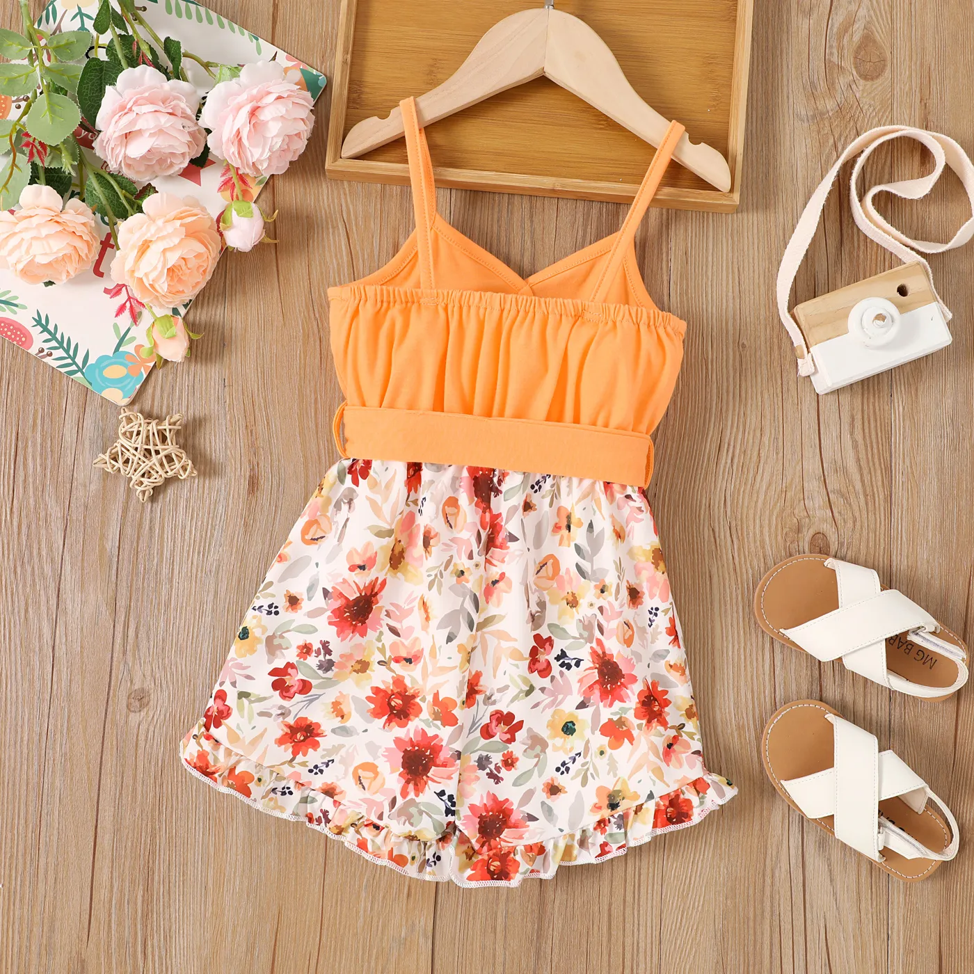 Toddler Girl Floral Panel Belted Slip Romper Color block image 2