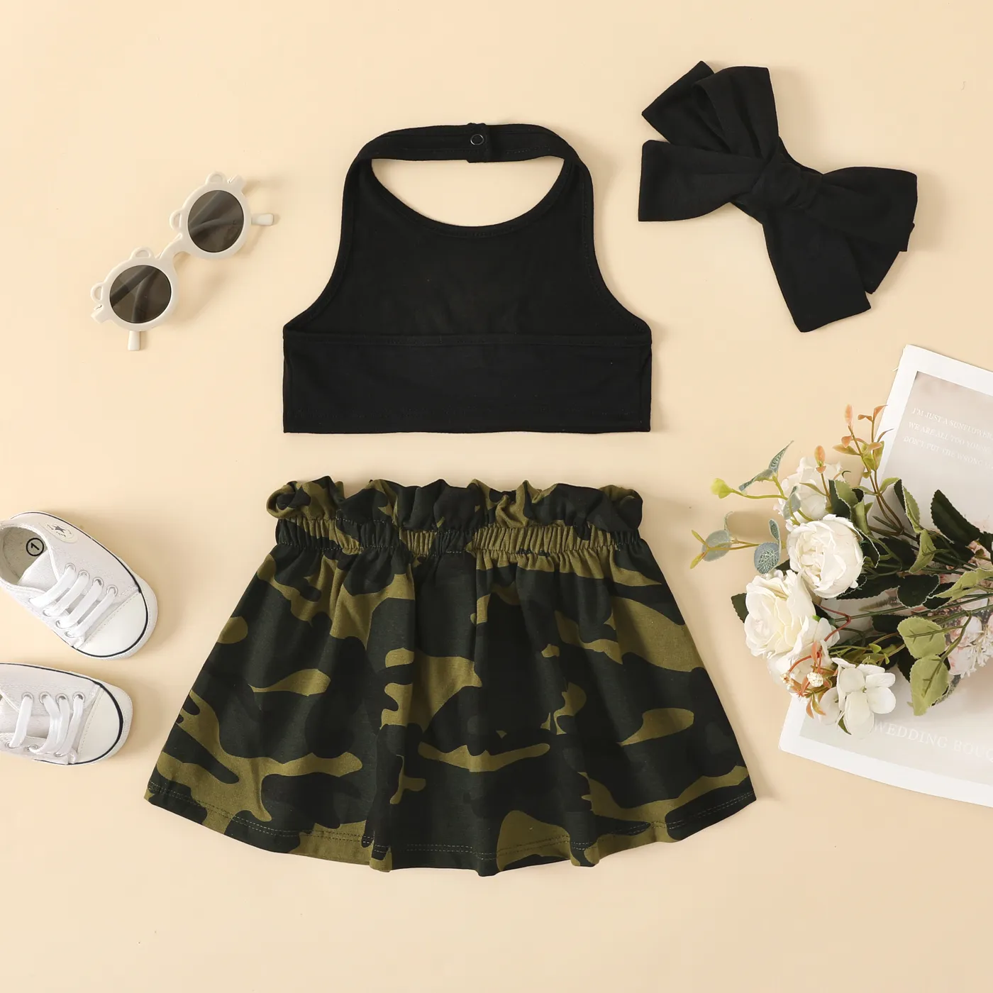 2pcs Baby Girl Letters Print Hang Neck Short-sleeve Top and 95% Cotton Camouflage Shorts & Headband Set Army green image 2