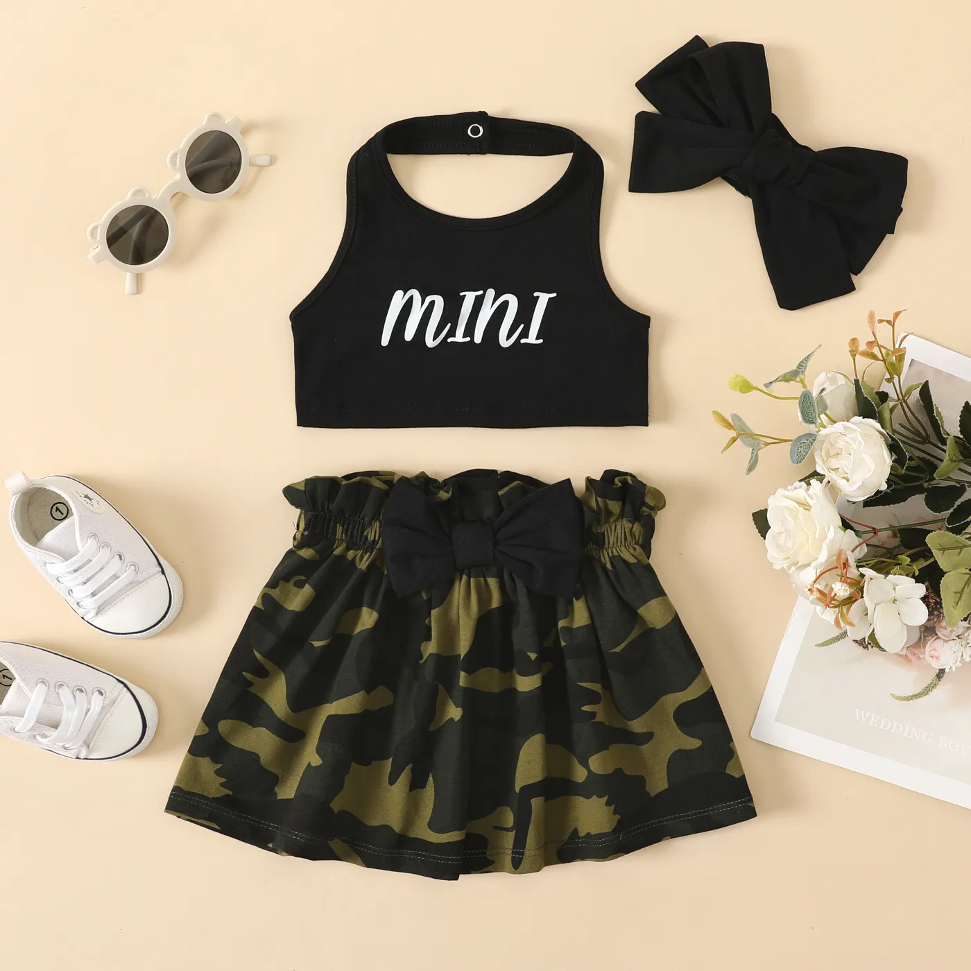 2pcs Baby Girl Letters Print Hang Neck Short-sleeve Top and 95% Cotton Camouflage Shorts & Headband Set Army green big image 1