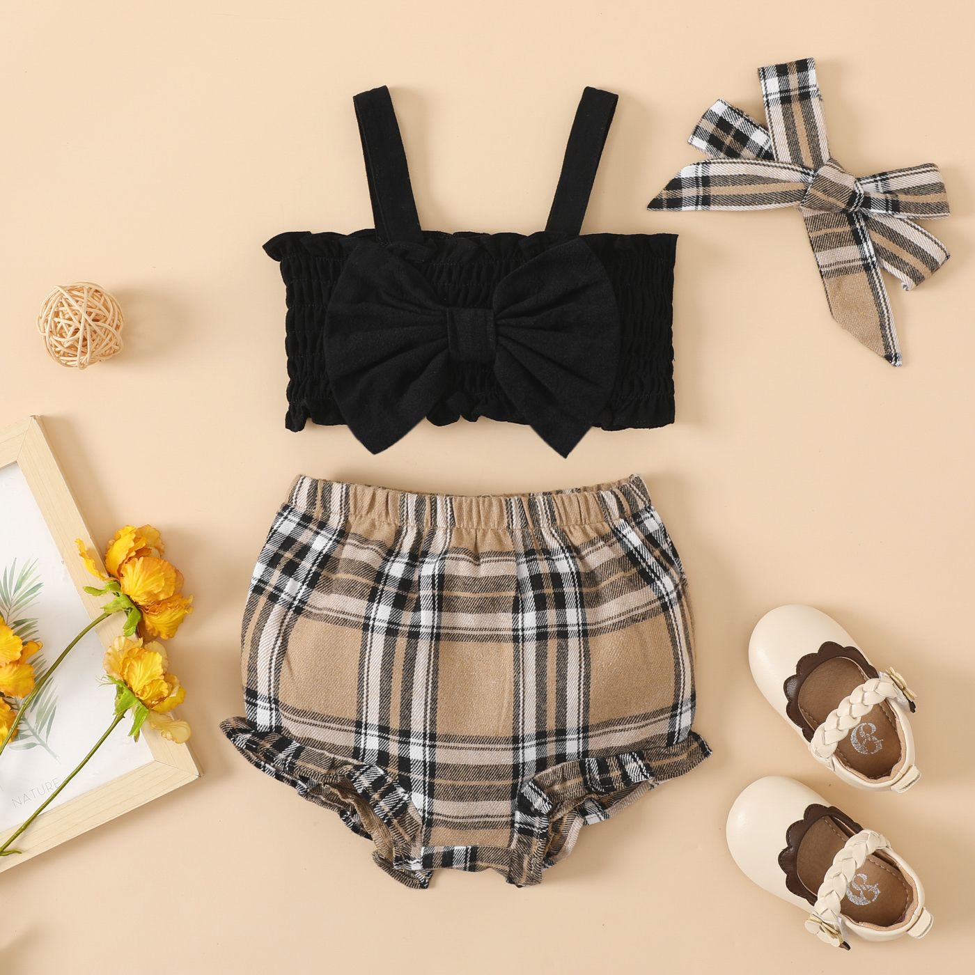 3pcs Baby Girl 100% Cotton Bow Front Cami Top and Plaid Shorts and Bow Headband Set