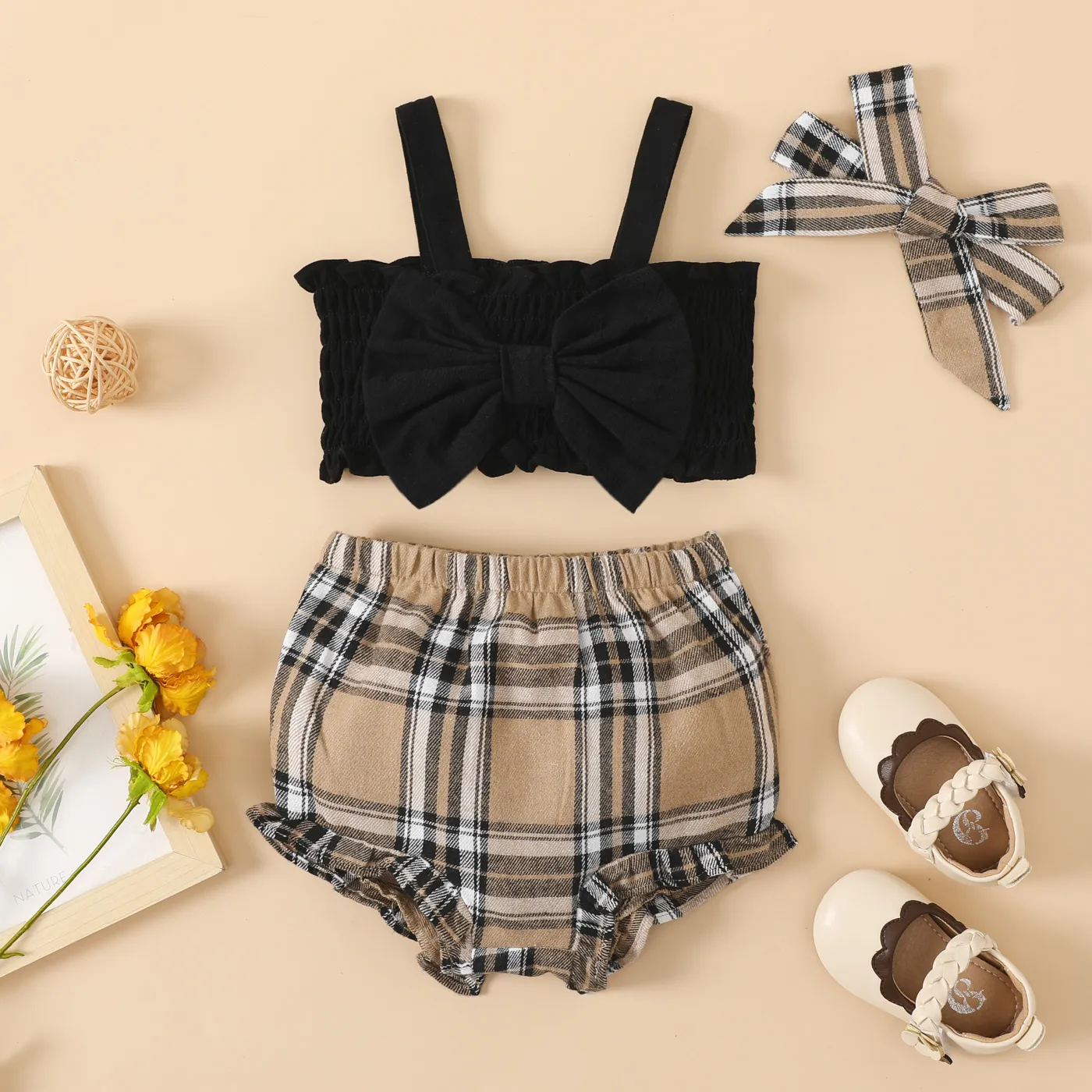 3pcs Baby Girl 100% Cotton Bow Front Cami Top and Plaid Shorts and Bow Headband Set Black big image 1