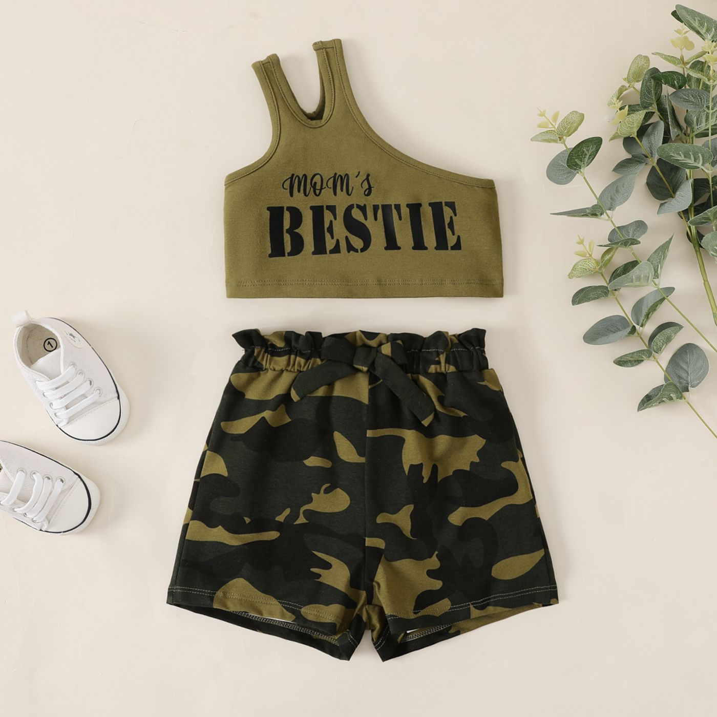 2pcs Baby Girl Cotton Letter Print One-Shoulder Camisole And Camouflage Shorts Set