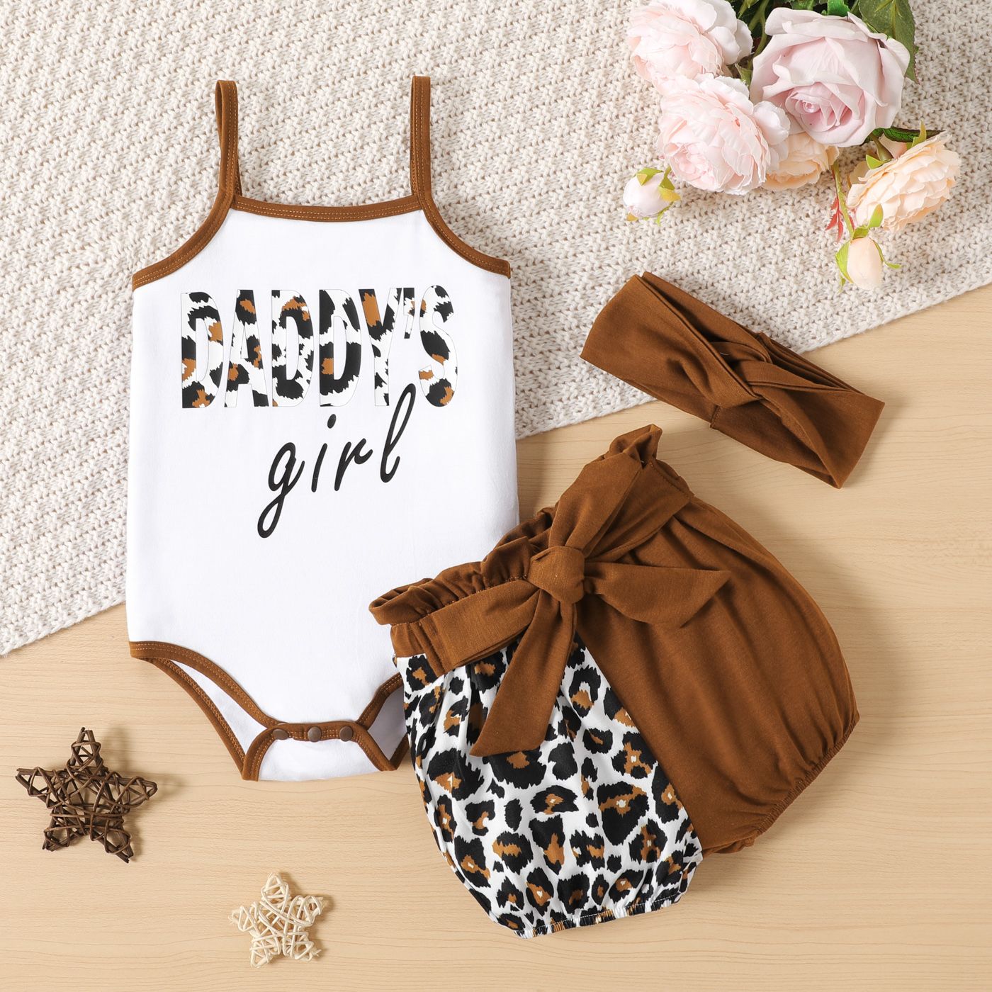 

3pcs Baby Girl Cotton Letters Print Strappy Romper & Leopard Print Front Bow Decor Shorts & Headband Set