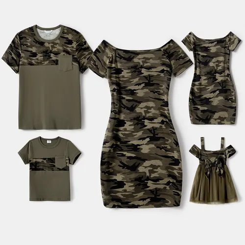 Family Matching Camouflage Tunic Dresses and Patch Pocket T-shirts Sets