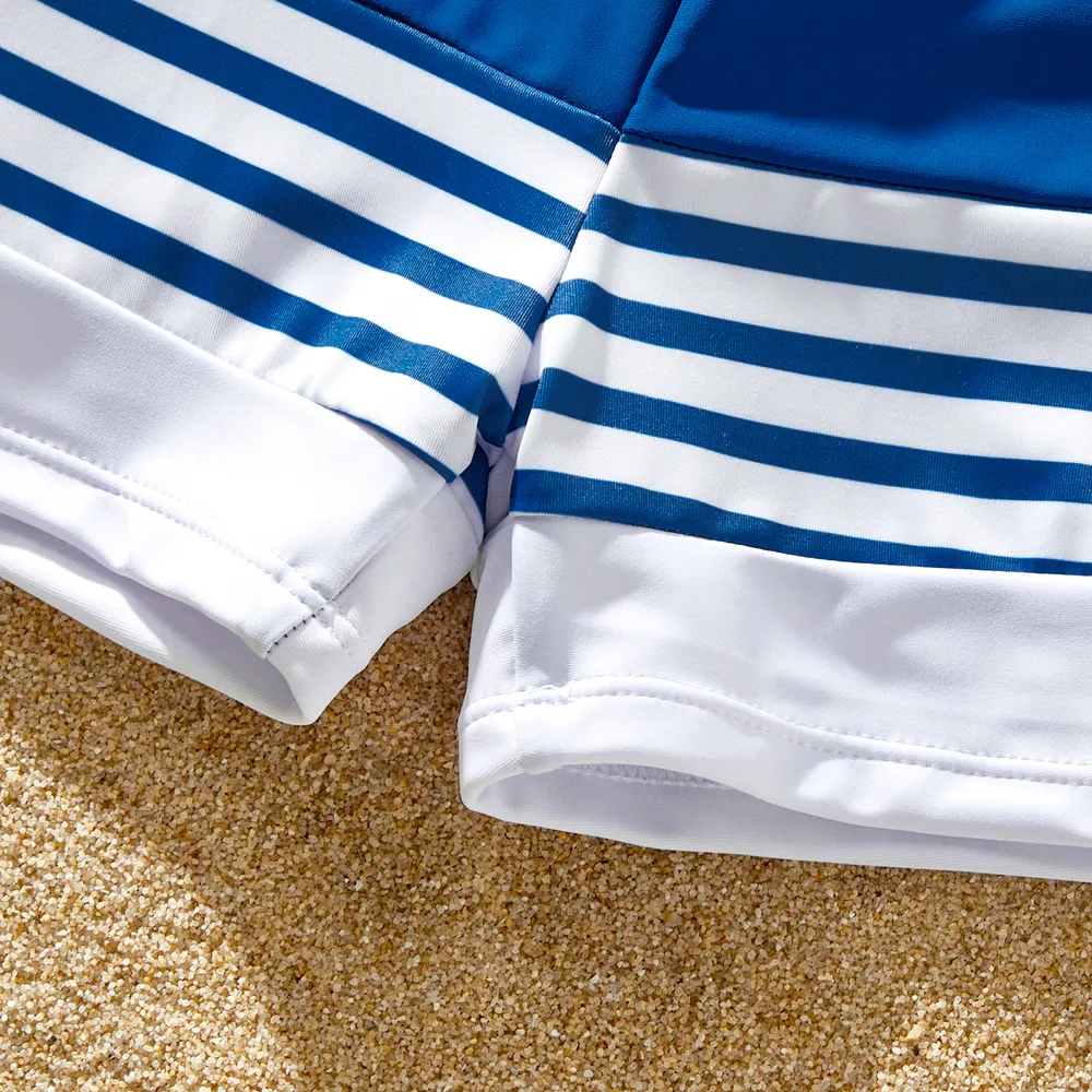 Family Matching Blue Striped Ruffled One Shoulder Cut Out One-piece Swimsuit or Swim Trunks Shorts big image 5