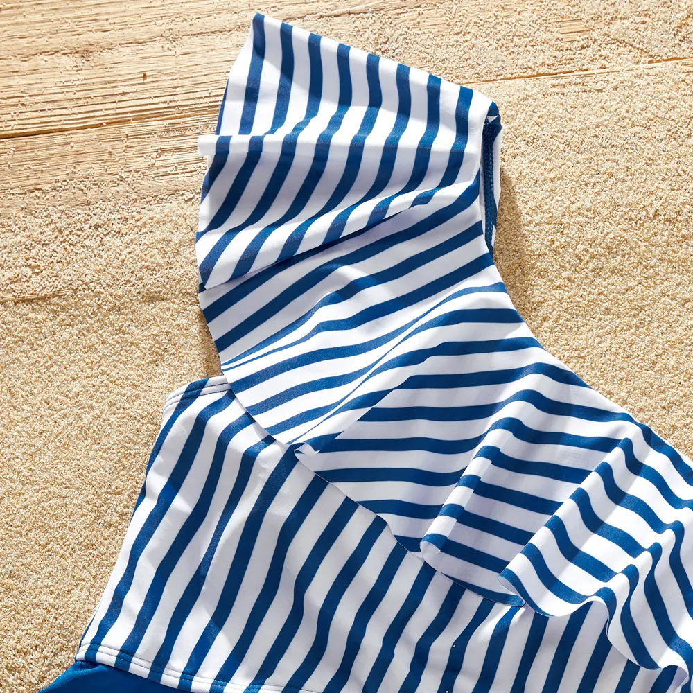 Family Matching Blue Striped Ruffled One Shoulder Cut Out One-piece Swimsuit or Swim Trunks Shorts big image 10