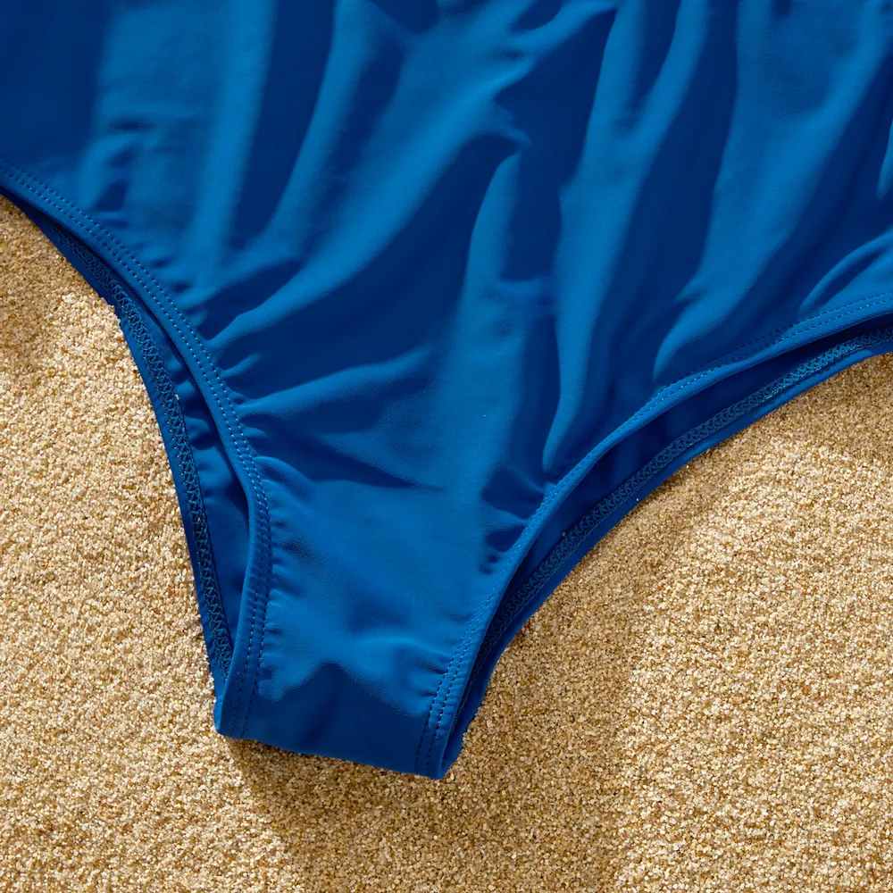 Family Matching Blue Striped Ruffled One Shoulder Cut Out One-piece Swimsuit or Swim Trunks Shorts big image 11