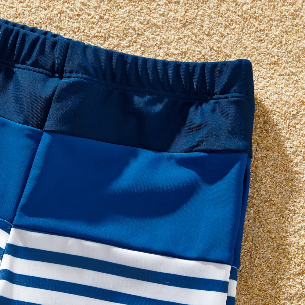 Family Matching Blue Striped Ruffled One Shoulder Cut Out One-piece Swimsuit or Swim Trunks Shorts big image 4